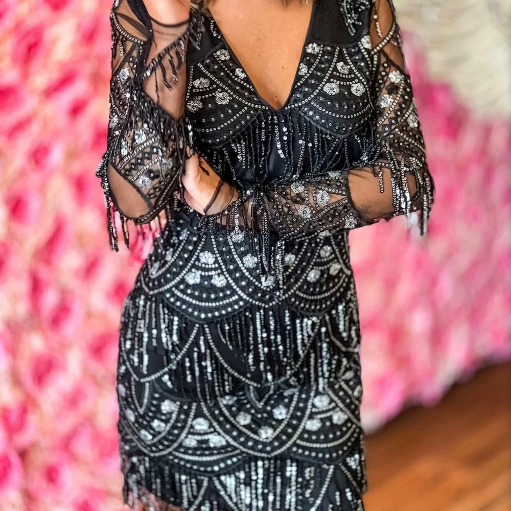 Southern Fried Chics black fringe with sequin dress